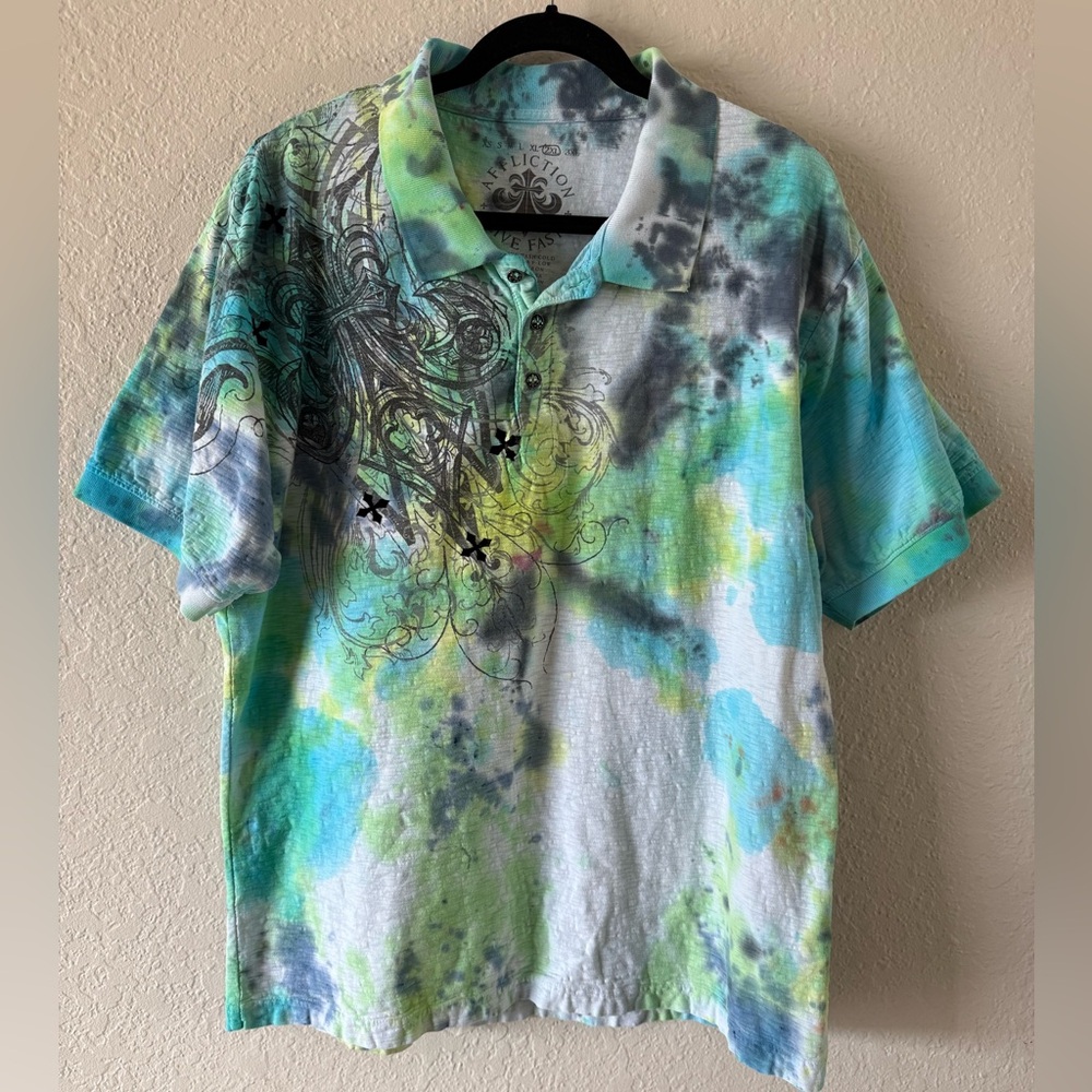 Affliction Live Fast Blue Green Tie-Dye Print Polo Shirt Cotton 2XL FLAW